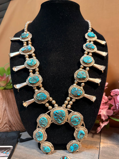 Navajo Sterling Silver Squash Necklace Authentic Nugget Turquoise Vintage Signed