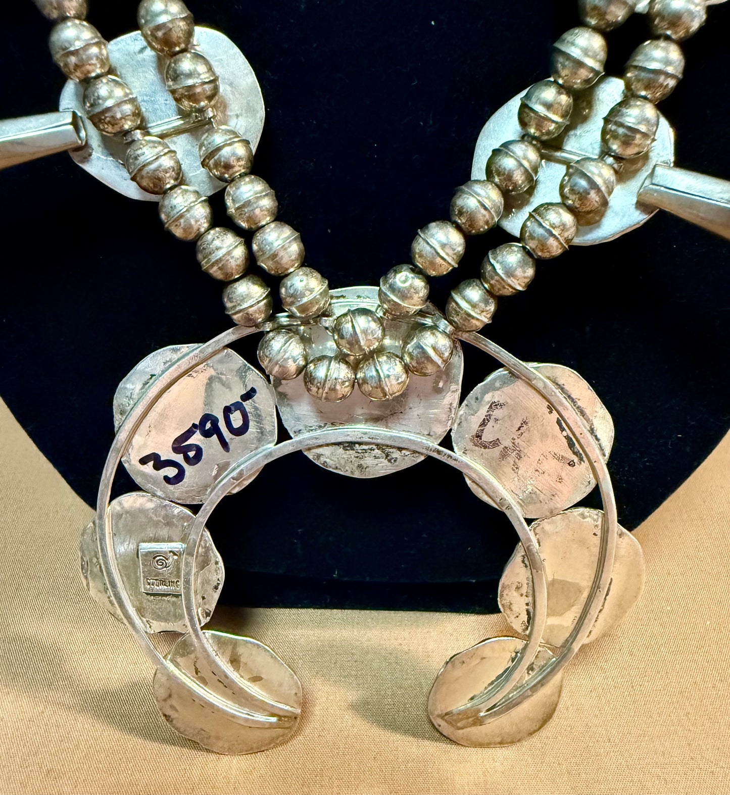 Navajo Sterling Silver Squash Necklace Authentic Nugget Turquoise Vintage Signed