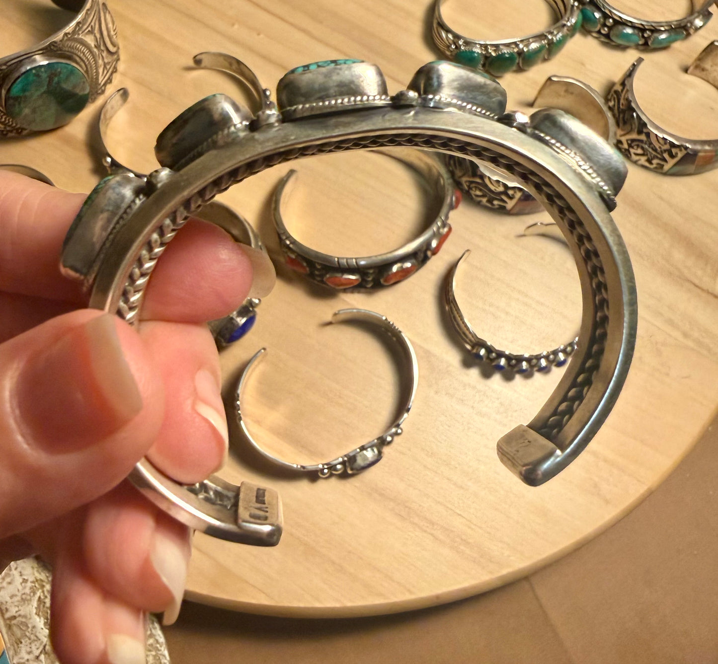 Vintage Navajo natural turquoise sterling silver cuff bracelet signed Vivian Barbone