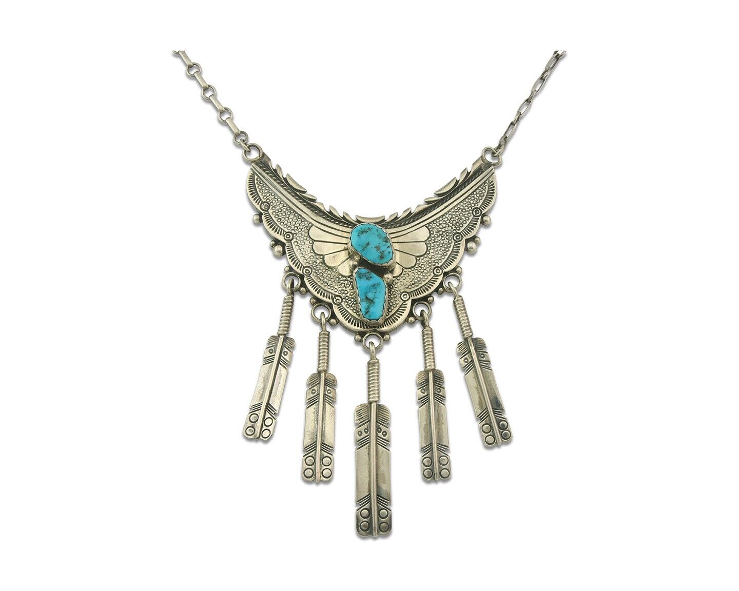 Vintage Navajo Bead Necklace 925 Silver Turquoise Hand Stamped Signed IHMJ