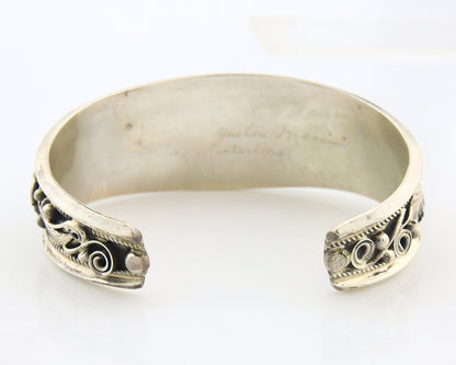 Navajo Cuff Bracelet Sterling Silver Natural Malachite Vintage Signed JM