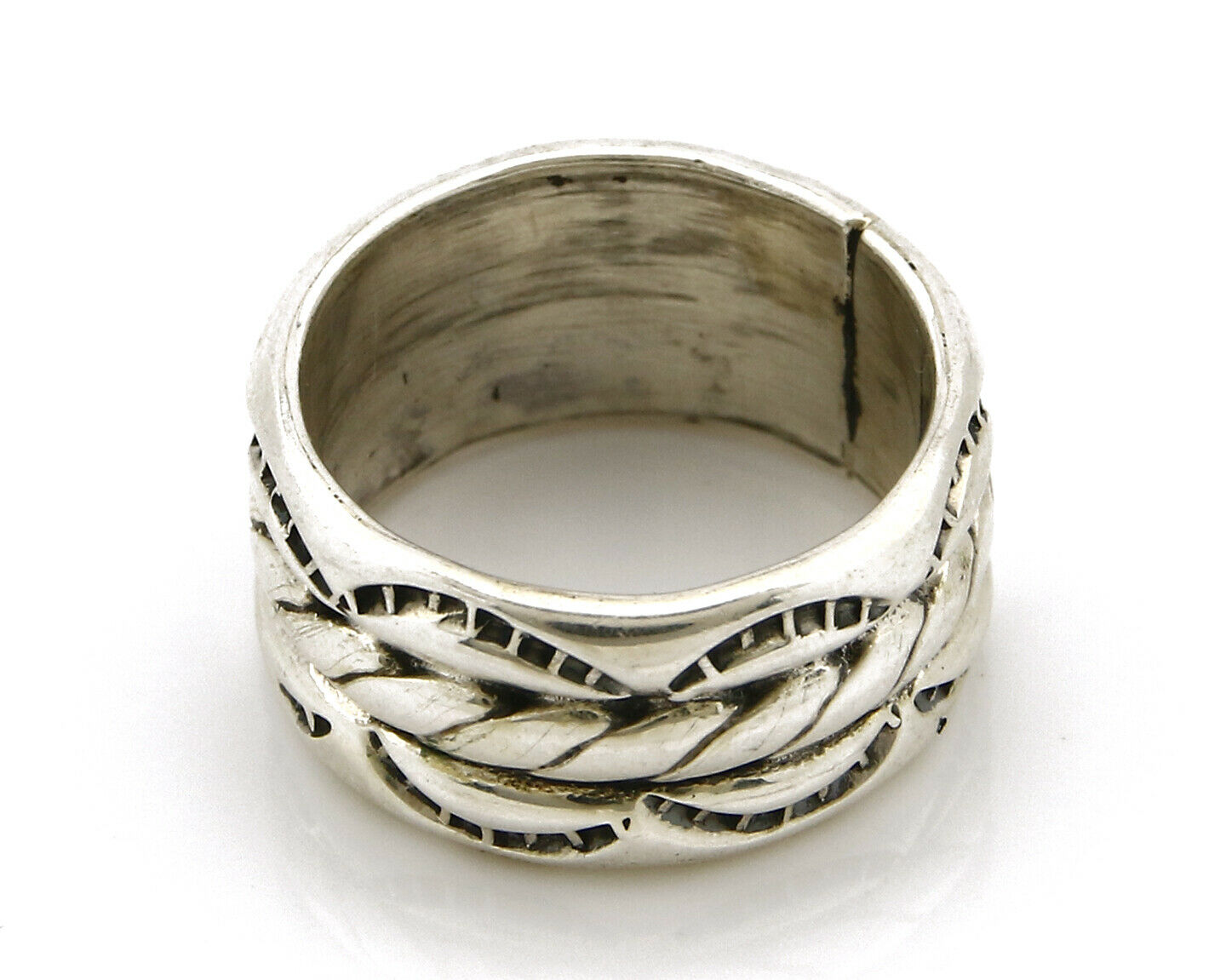 Navajo Ring .925 Silver Handmade Hand Stamped 3 Row Rope Band C.1980's Size 5.25