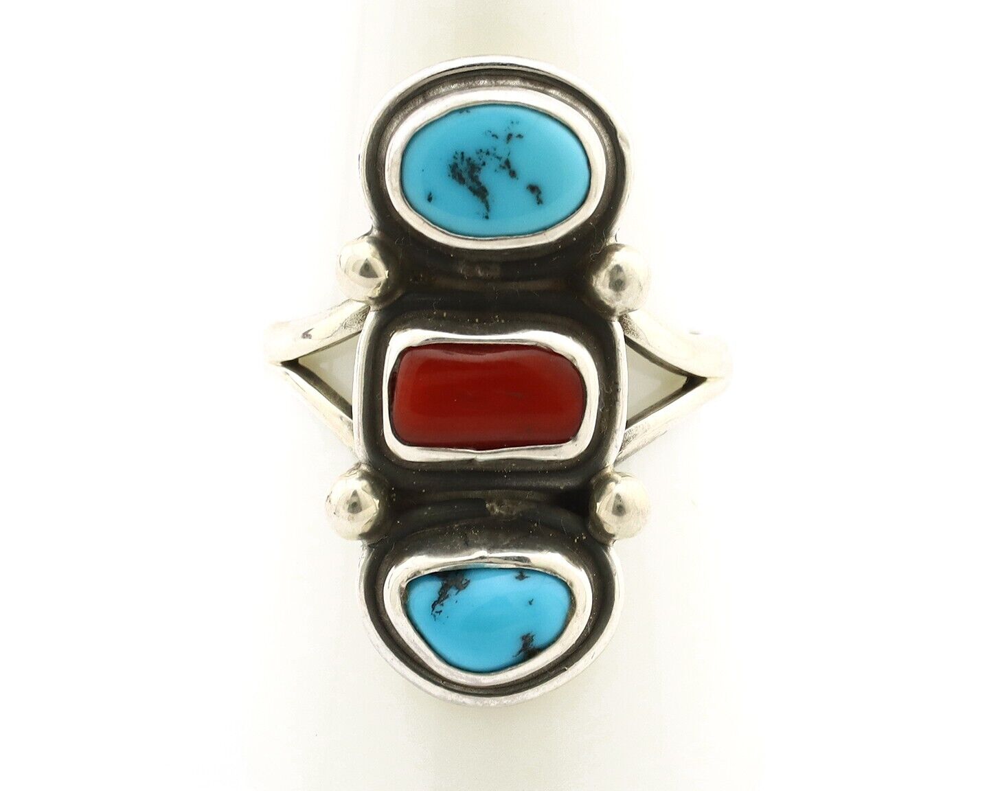 Navajo Ring 925 Silver Sleeping B Turquoise & Coral Native American Artist C.80s