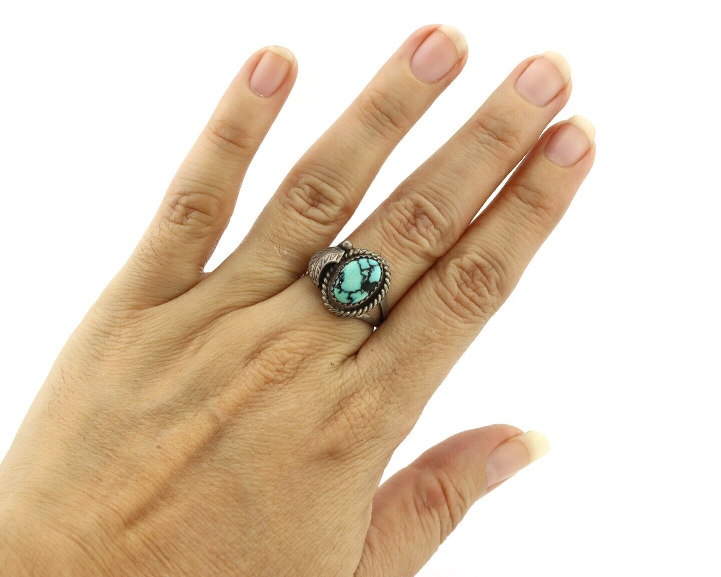 Navajo Ring 925 Silver Spiderweb Turquoise Native American Artist C.80's