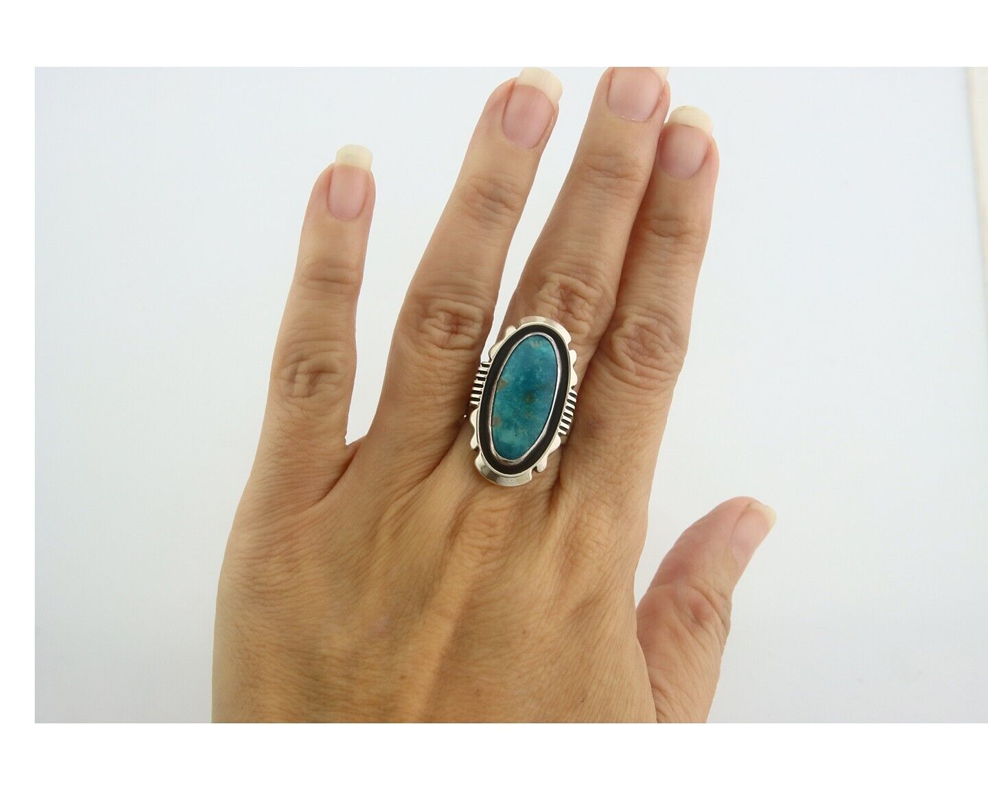 Navajo Ring 925 Sterling Turquoise Handmade Native Artist C.80's Size 7.25