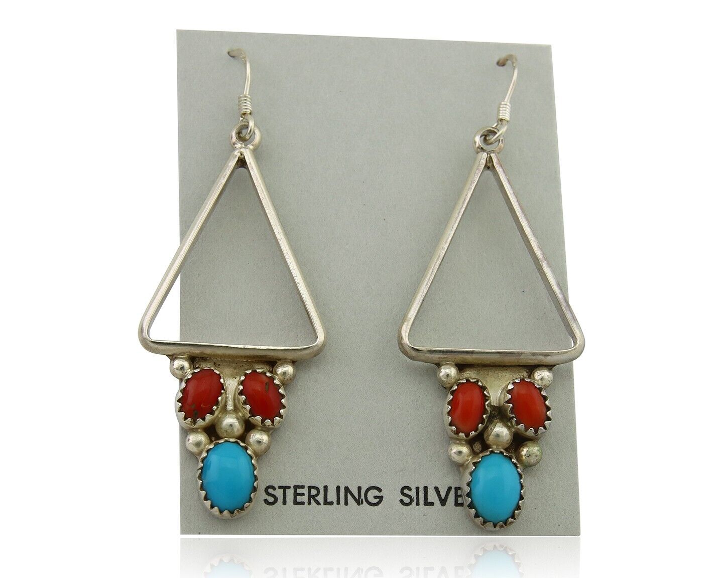 Navajo Earrings 925 Silver Turquoise & Coral Native American Artist C.80's