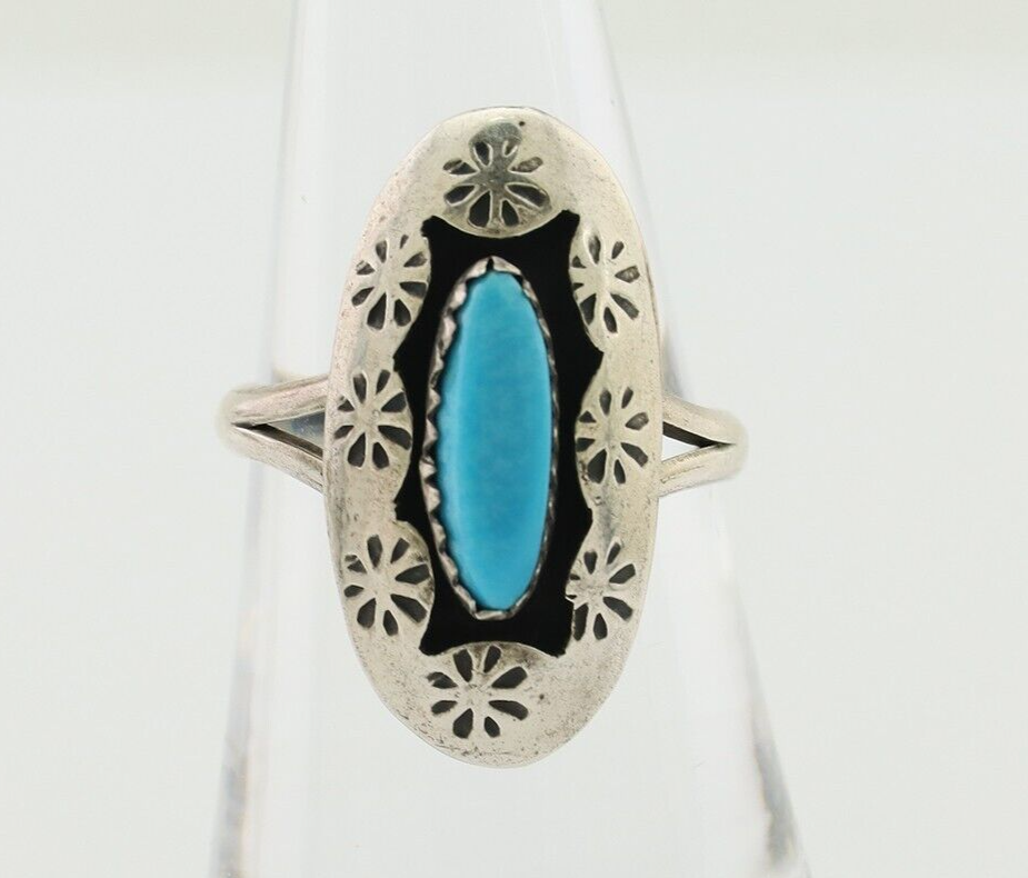 Navajo Ring 925 Silver Natural Blue Turquoise Signed IJC C.80's