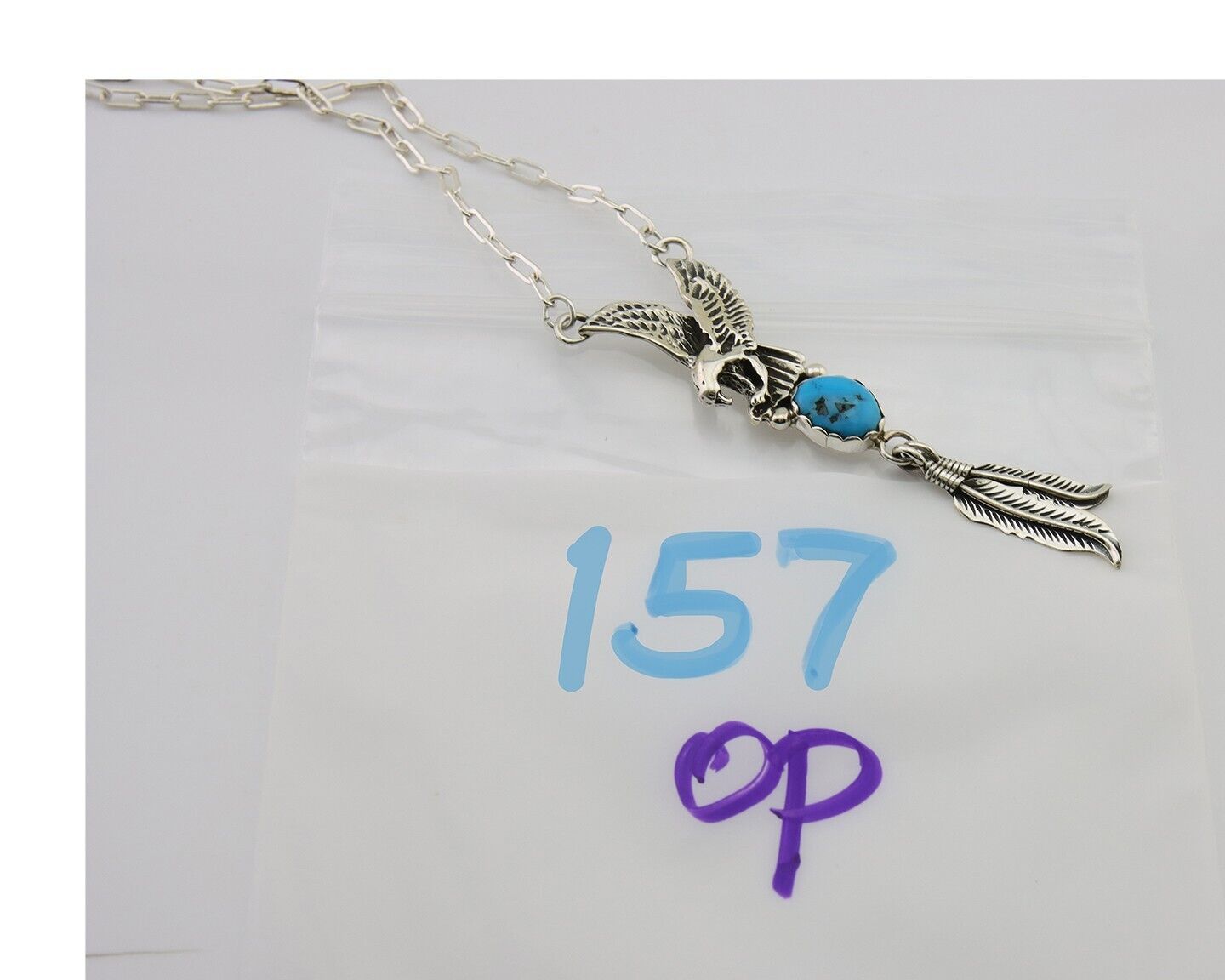 Navajo Eagle Feather Turquoise Necklace 925 Silver Native American Artist C.80's