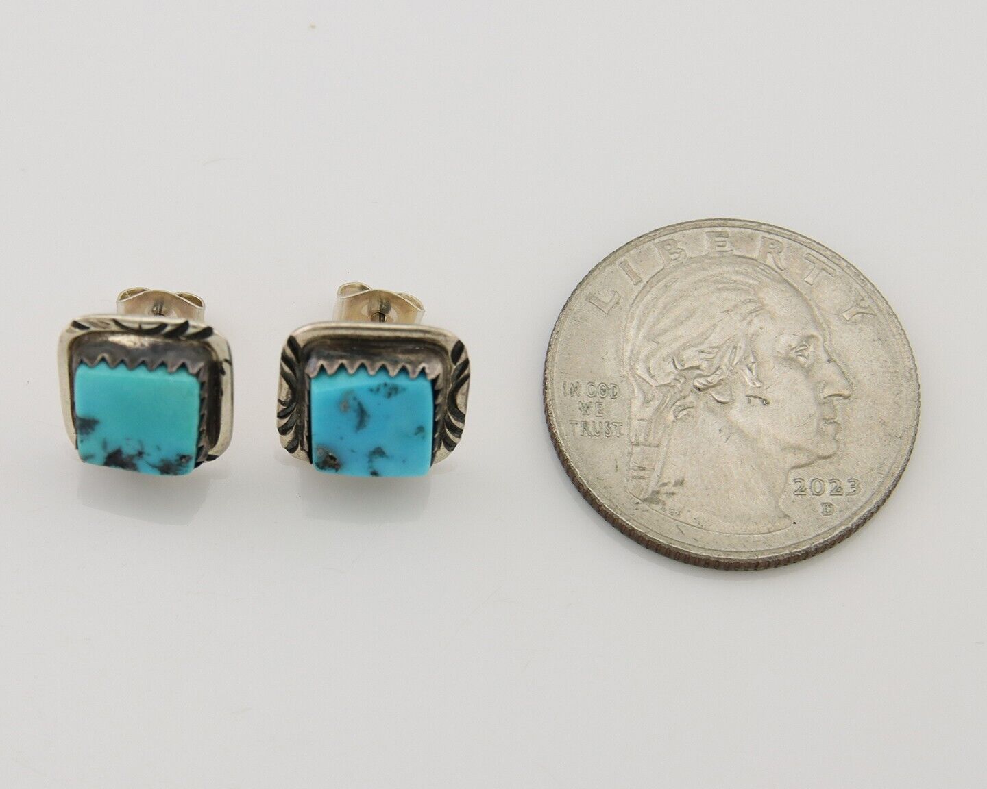 Navajo Hand Stampied Earrings 925 Silver Blue Turquoise Native Artist C.80's