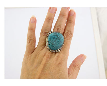 Navajo Ring 925 Sterling Spiderweb Blue Turquoise Native Artist C.80's Size 8.25