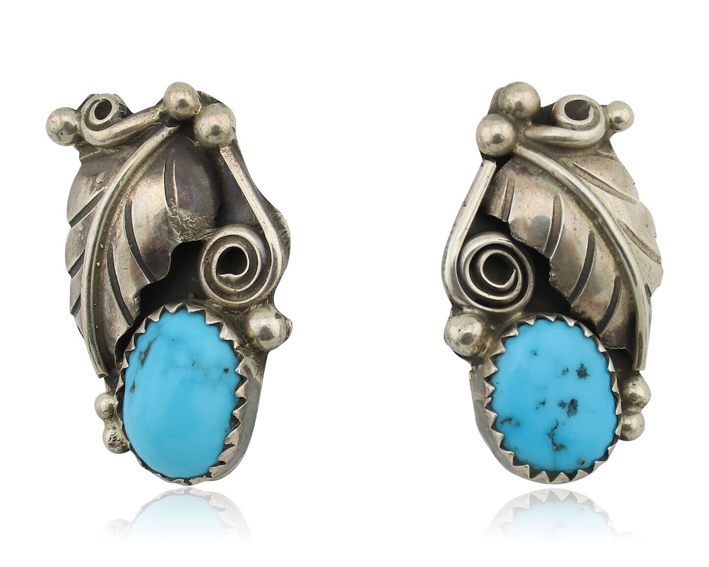 Navajo Earrings 925 Silver Natural Blue Turquoise Native American Artist C.80s