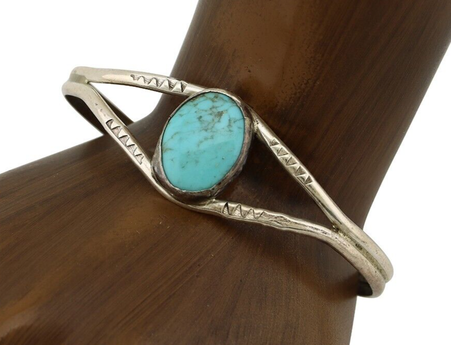 Navajo Bracelet 925 Silver Natural Blue Turquoise Artist Signed JH C.80's