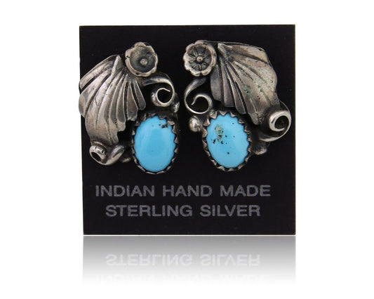 Navajo Handmade Earrings 925 Silver Natural Turquoise Native American Artist 80s