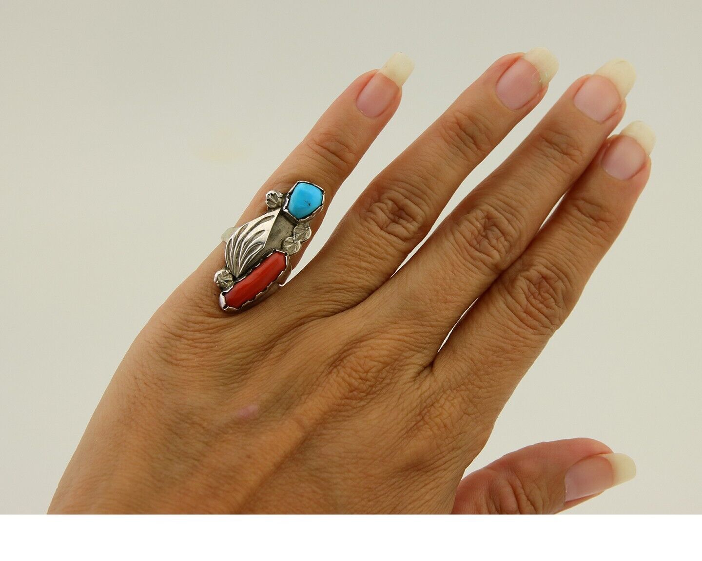 Navajo Handmade Ring 925 Silver Coral & Turquoise Native Artist C.80's