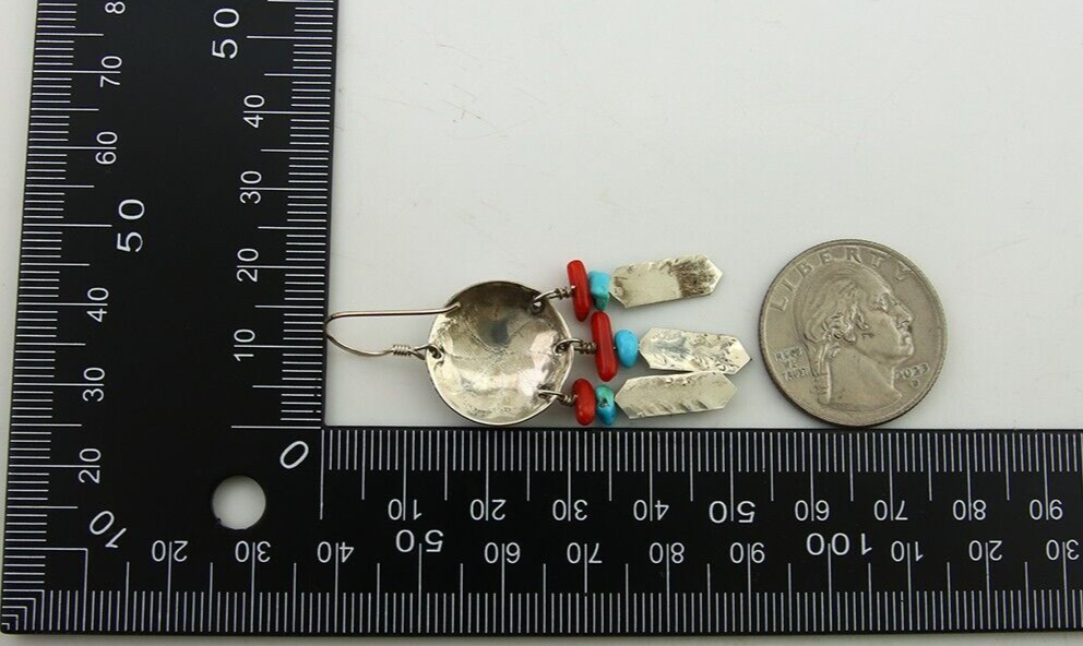 Navajo Earrings 925 Silver Turquoise & Coral Native American Artist C.80's