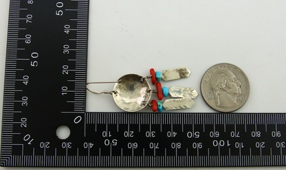 Navajo Earrings 925 Silver Turquoise & Coral Native American Artist C.80's