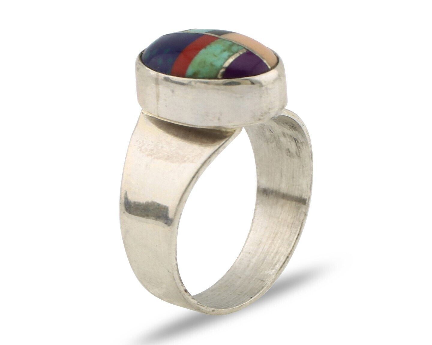 Zuni Inlaid Ring 925 Silver Mixed Natural Gemstones Native American Artist C.80s