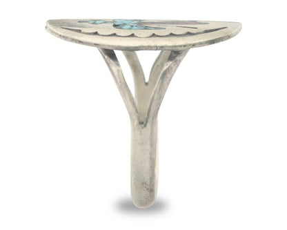 Navajo Ring 925 Sterling Natural Chip Inlay Coral & Turquoise C.80's Size 8.0