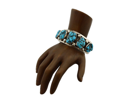 Navajo Bracelet 925 Silver Nugget Sleeping Beauty Turquoise Artist Signed JR C80