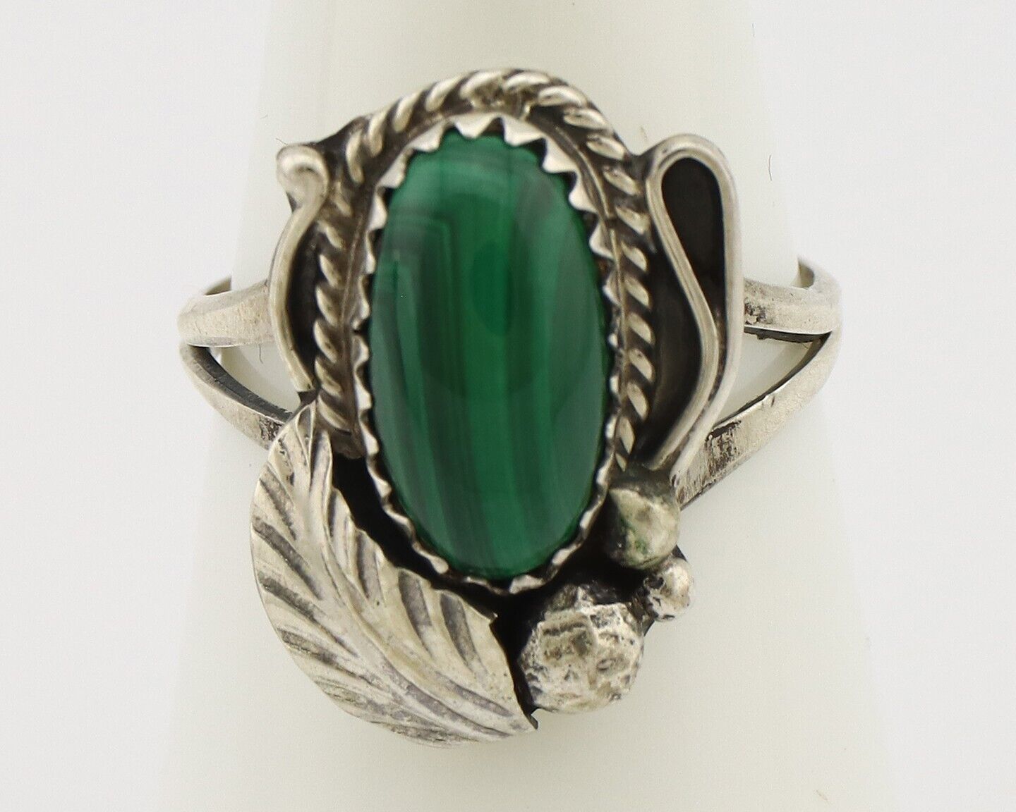 Navajo Ring 925 Silver Natural Malachite Artist Signed Justin Morris C.80's