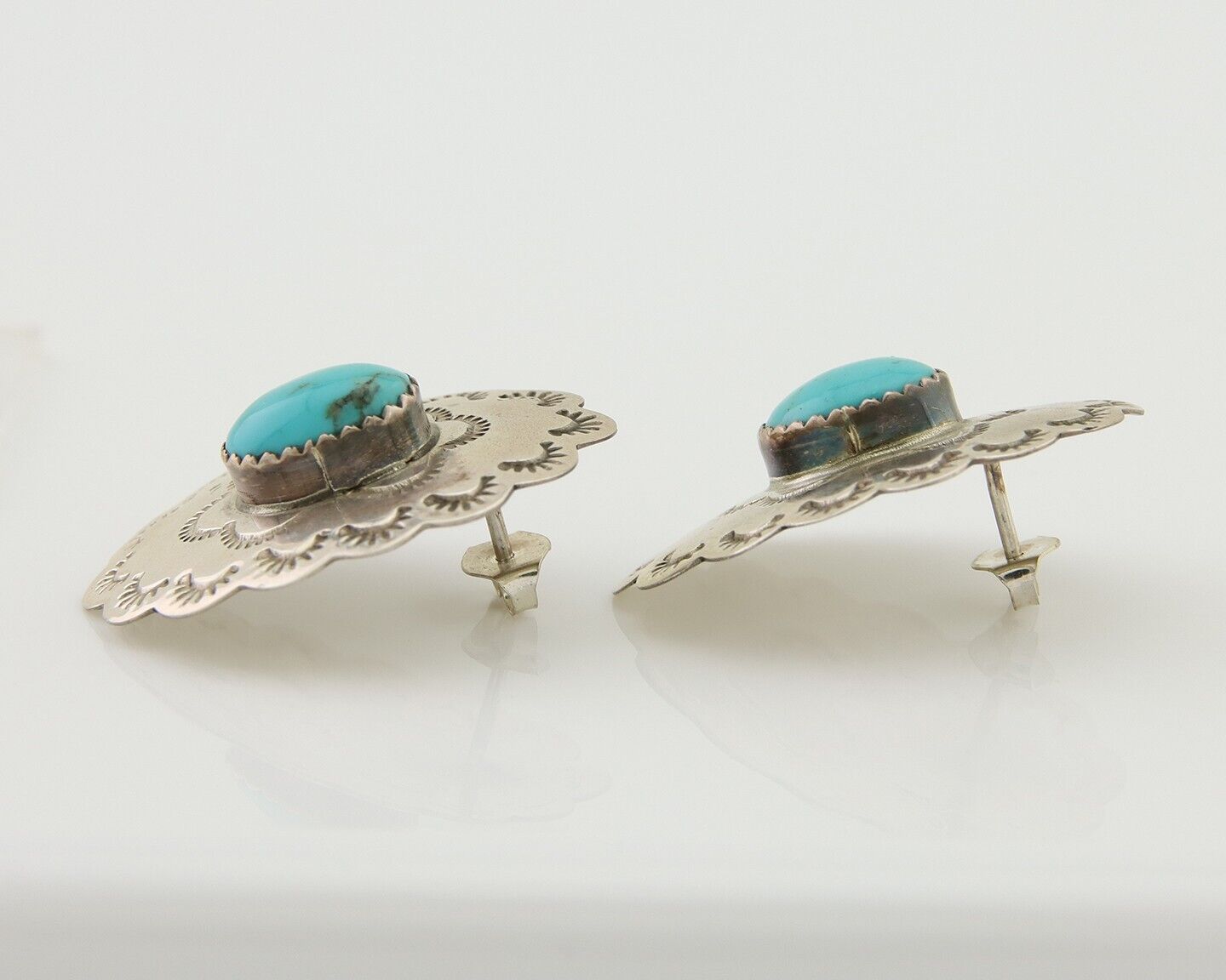 Navajo Hand Stamped Earrings 925 Silver Natural Turquoise Native Artist C.80's