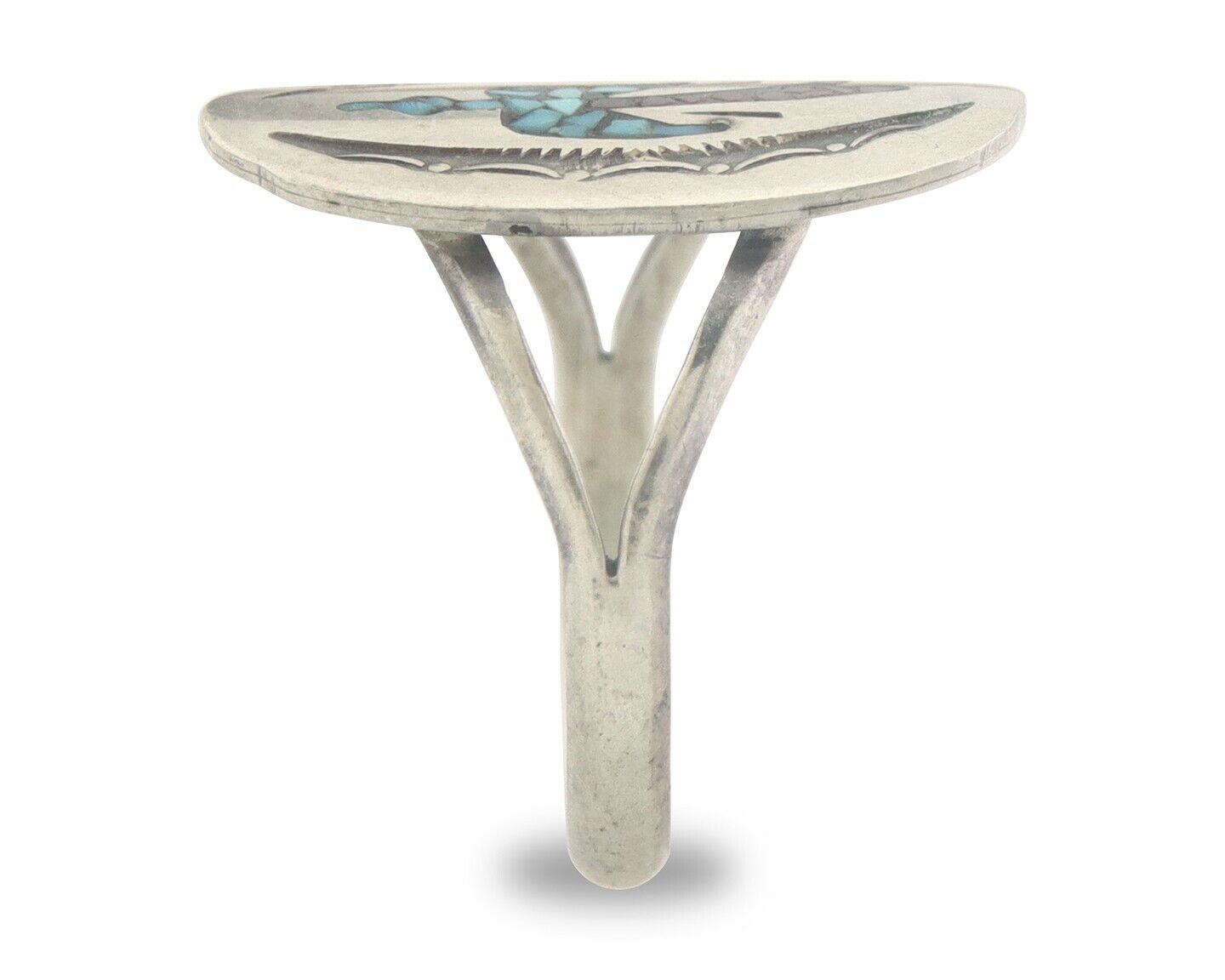 Navajo Ring 925 Sterling Natural Chip Inlay Coral & Turquoise C.80's Size 8.0