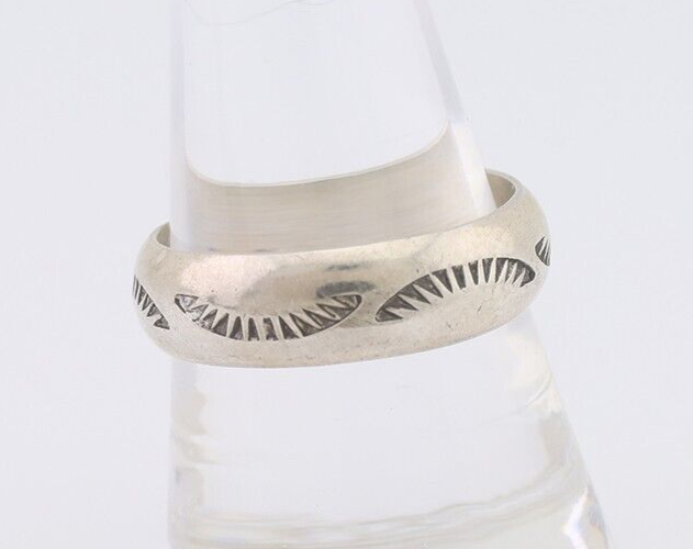 Navajo Hand Stamped Band 925 Silver 6.0 mm Signed Larry Chavez Size 9.0 C.80's