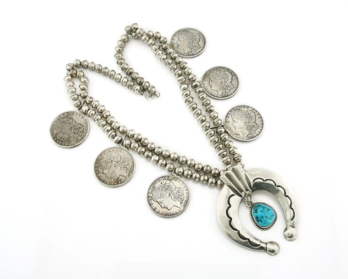 Navajo Morgan Dollar Necklace Turquoise Hand Stamped Vintage Signed M Montoya