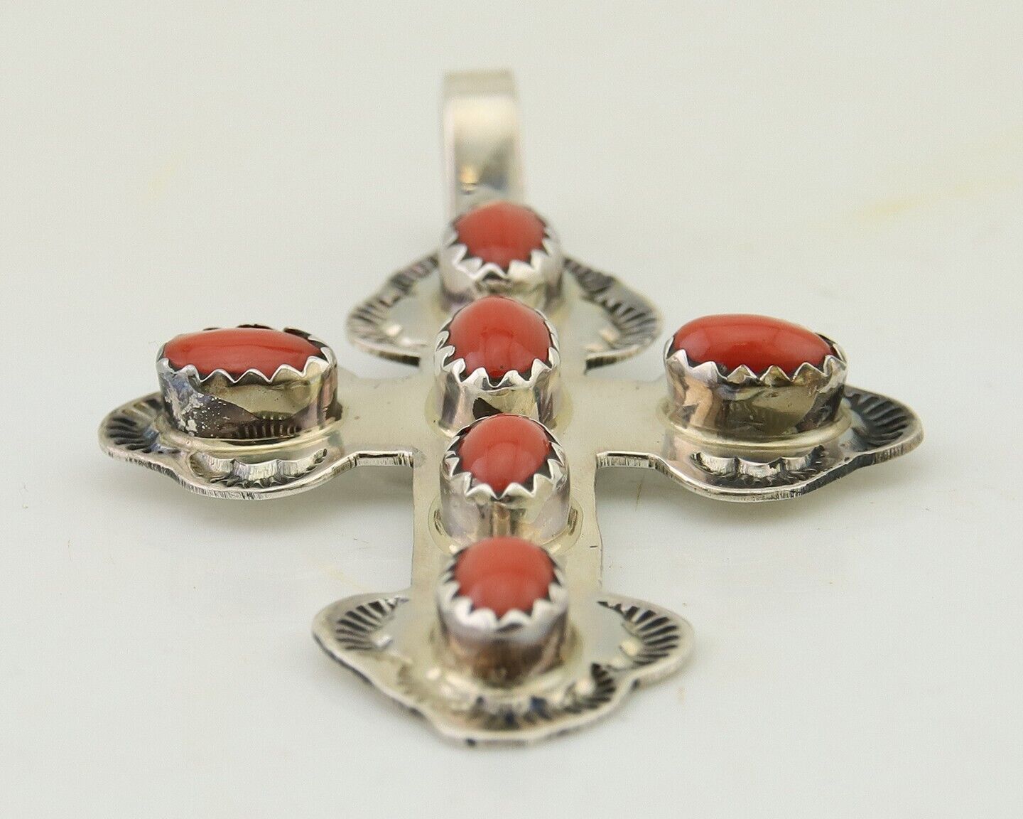 Navajo Cross Pendant 925 Silver Mediterranean Coral Artist Signed CB C.80's