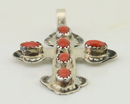 Navajo Cross Pendant 925 Silver Mediterranean Coral Artist Signed CB C.80's
