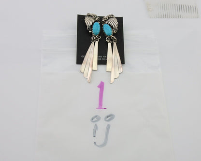 Navajo Dangle Earrings 925 Silver Natural Blue Turquoise Artist Signed M.S. C80s