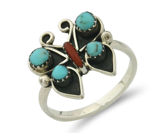 Navajo Butterfly Ring Sterling Silver Authentic Turquoise & Coral Size 6.25