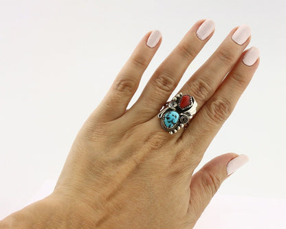 Navajo Ring .925 Silver Turquoise & Coral Artist Signed Justin Morris C.80's
