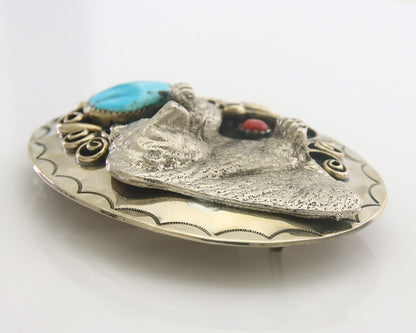 Navajo Belt Buckle .999 Nickel Buffalo Gemstone Handmade 2.5 x 3.0 in C.80's