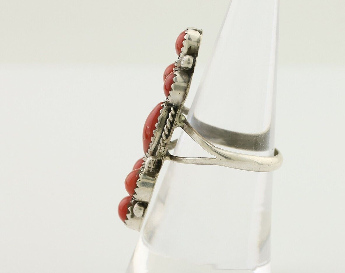 Navajo Ring 925 Silver Mediterranean Coral Native American Artist C.80's