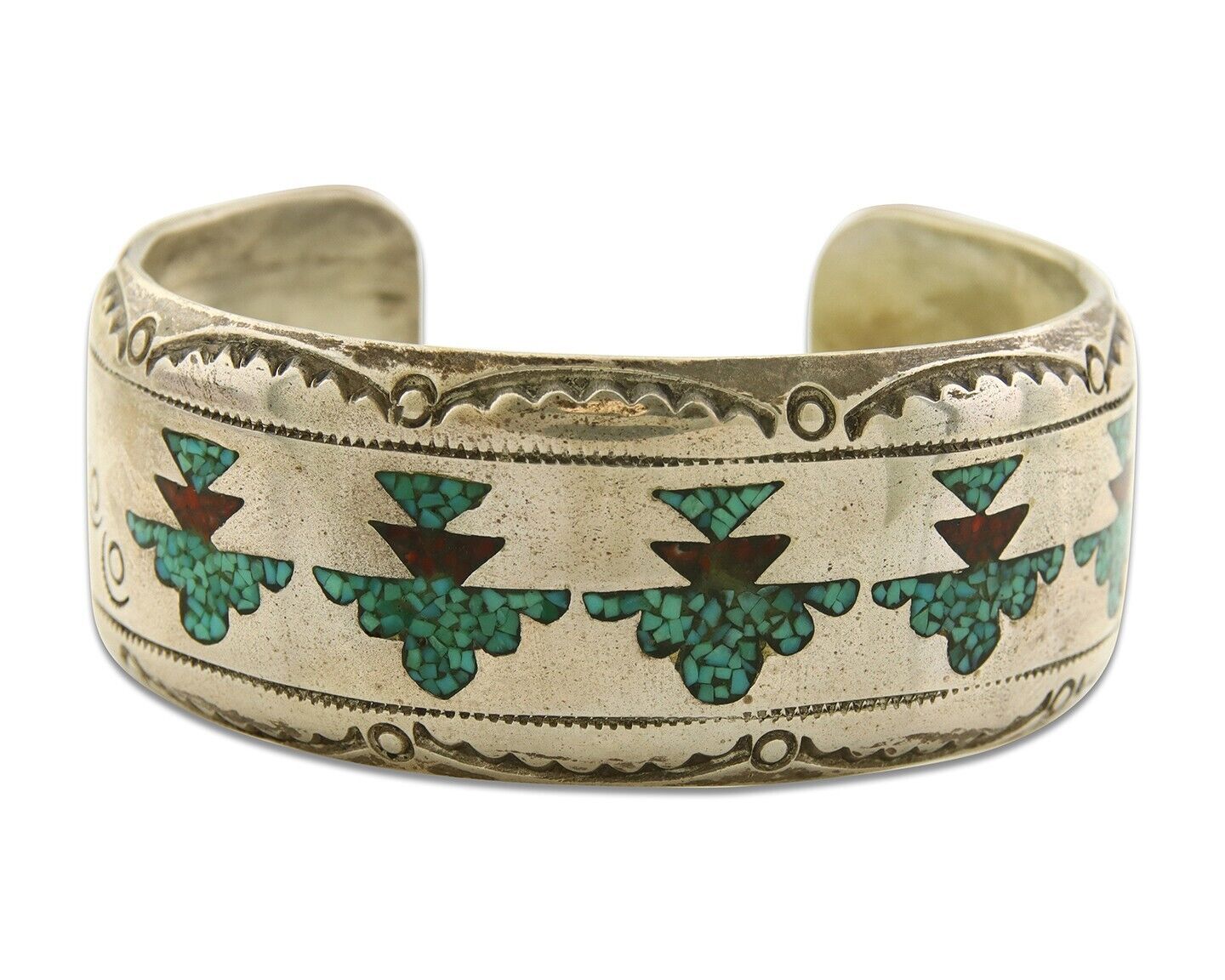 Navajo Bracelet 925 Silver Inlaid Coral & Turquoise Cuff Artist Signed LB C.80's