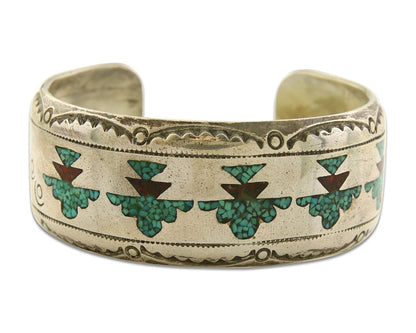 Navajo Bracelet 925 Silver Inlaid Coral & Turquoise Cuff Artist Signed LB C.80's