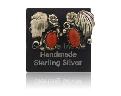 Navajo Earrings 925 Silver Natural Coral Native American Artist C.80's