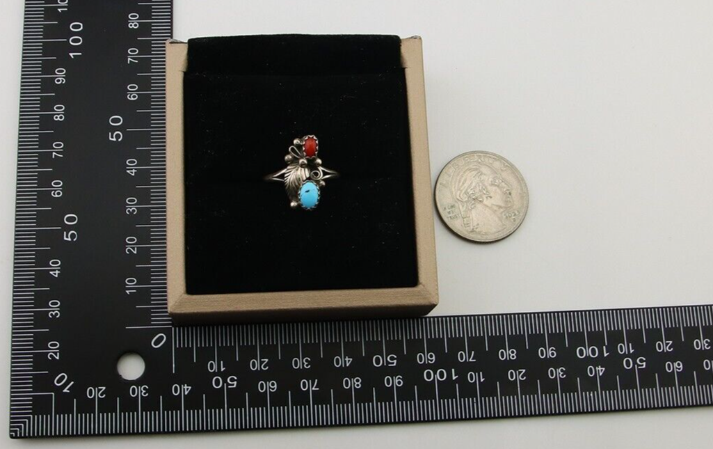 Navajo Handmade Ring 925 Silver Turquoise & Coral Native Artist C.80's