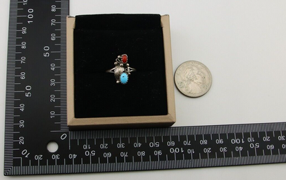 Navajo Handmade Ring 925 Silver Turquoise & Coral Native Artist C.80's