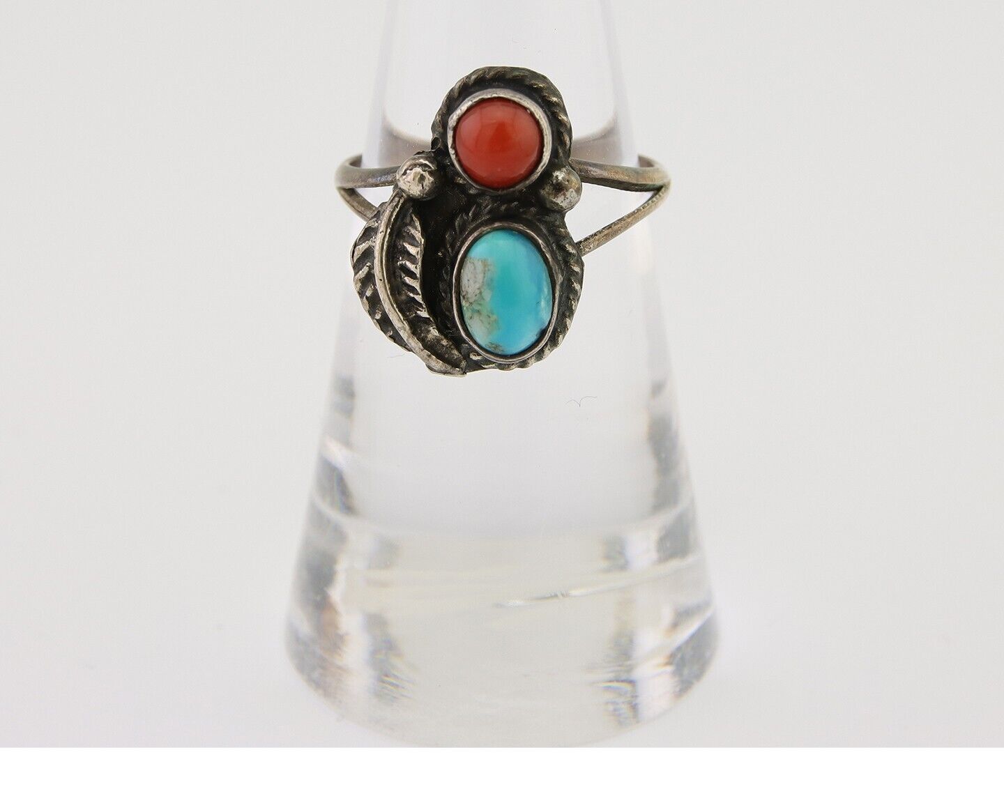 Navajo Handmade Ring 925 Silver Coral & Turquoise Native Artist C.80's