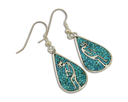 Navajo Kokopelli Earrings 999 Nickel Chip Inlay Turquoise Coral Native American