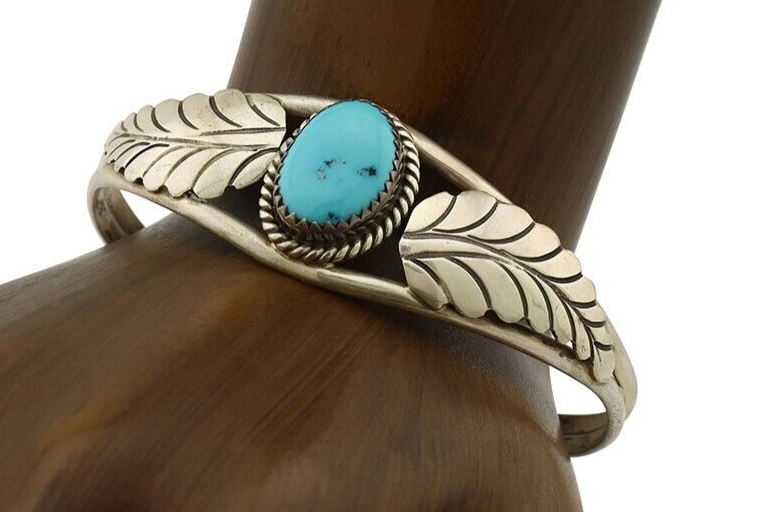 Navajo Handmade Bracelet 925 Silver Natural Blue Turquoise Artist Signed E C.80s