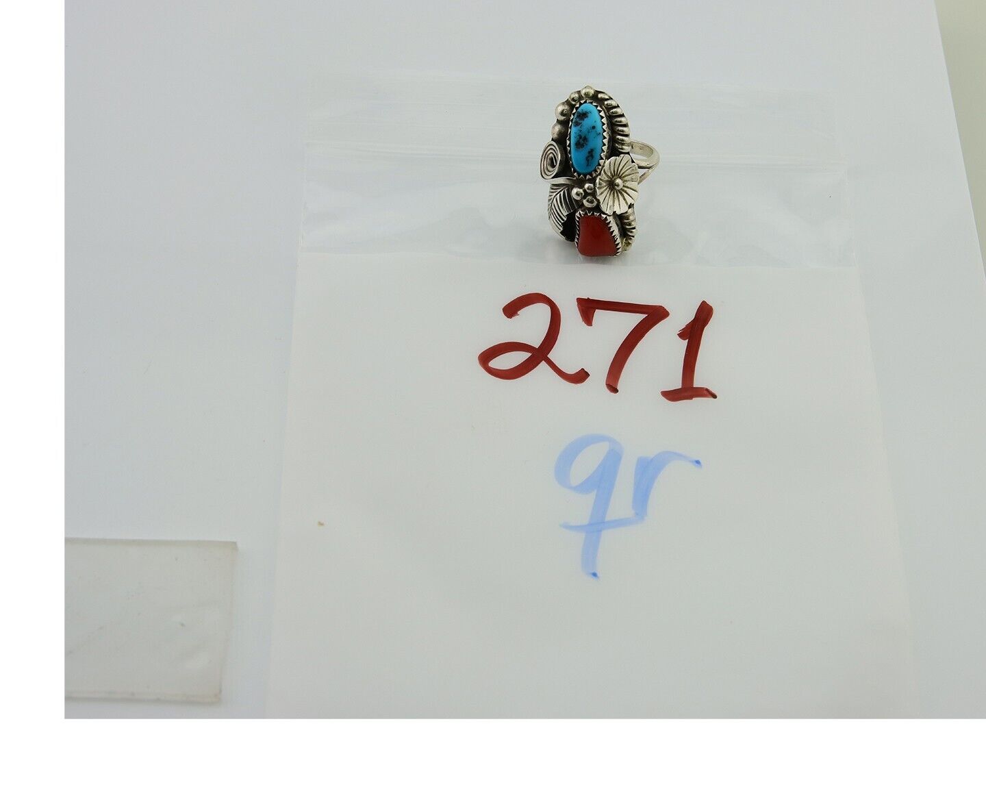 Navajo Handmade Ring 925 Silver Coral & Turquoise Signed Circle Max C.80's