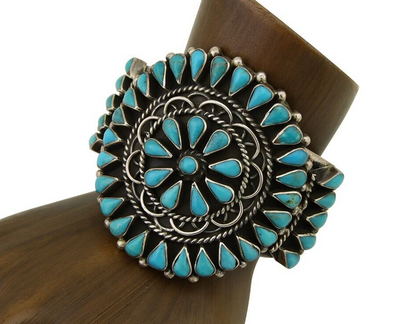 Navajo Bracelet 925 Silver Natural Blue Turquoise Signed Delbert Chatter C.80's