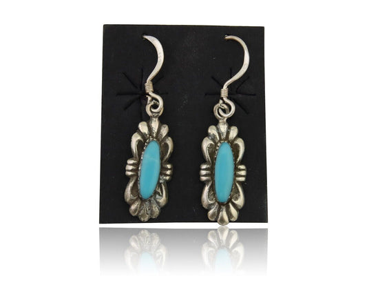 Navajo Dangle Earrings 925 Silver Blue Turquoise Artist Signed Square C.80's