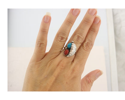 Navajo Ring 925 Sterling Natural Coral & Turquoise Signed BB C.80's Size 6.0