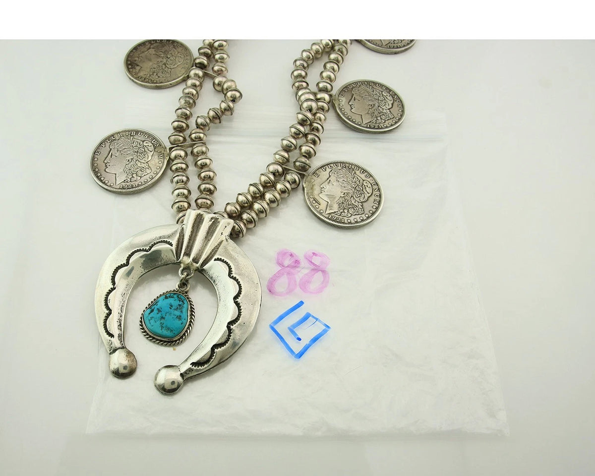 Navajo Morgan Dollar Necklace Turquoise Hand Stamped Vintage Signed M Montoya