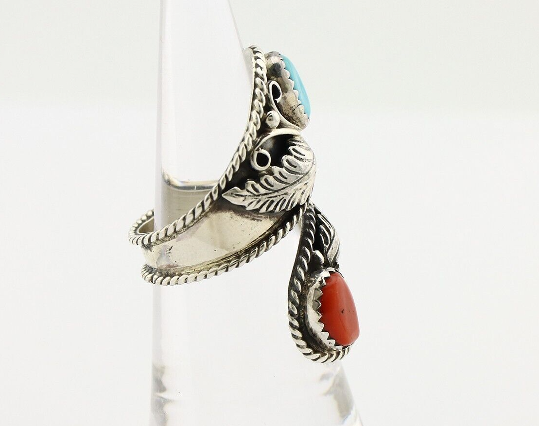 Navajo Adjustable Ring 925 Silver Turquiose & Coral Artist Signed R C.80's