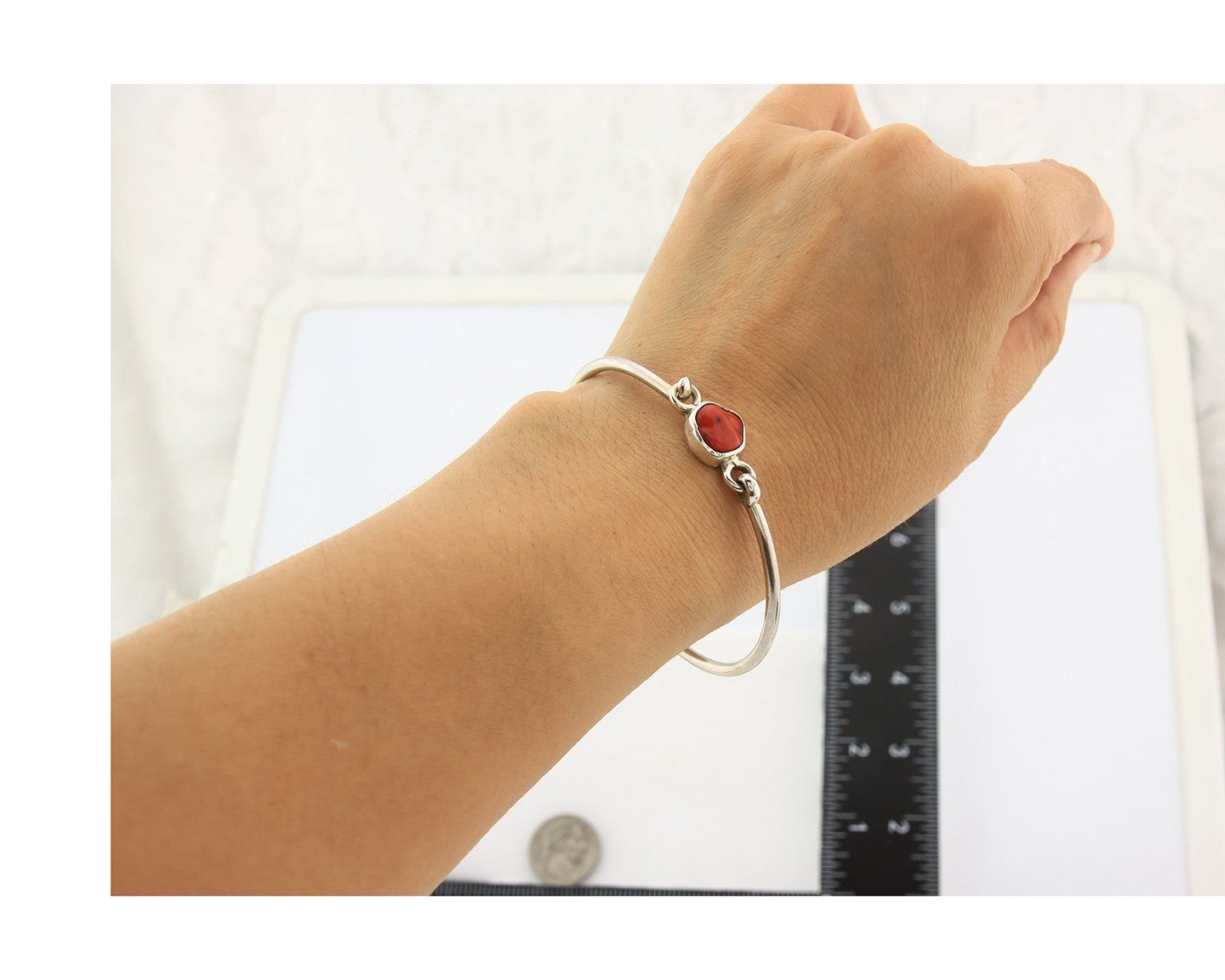 Navajo Bracelet Sterling Silver Natural Red Coral Artist Signed Sunrise